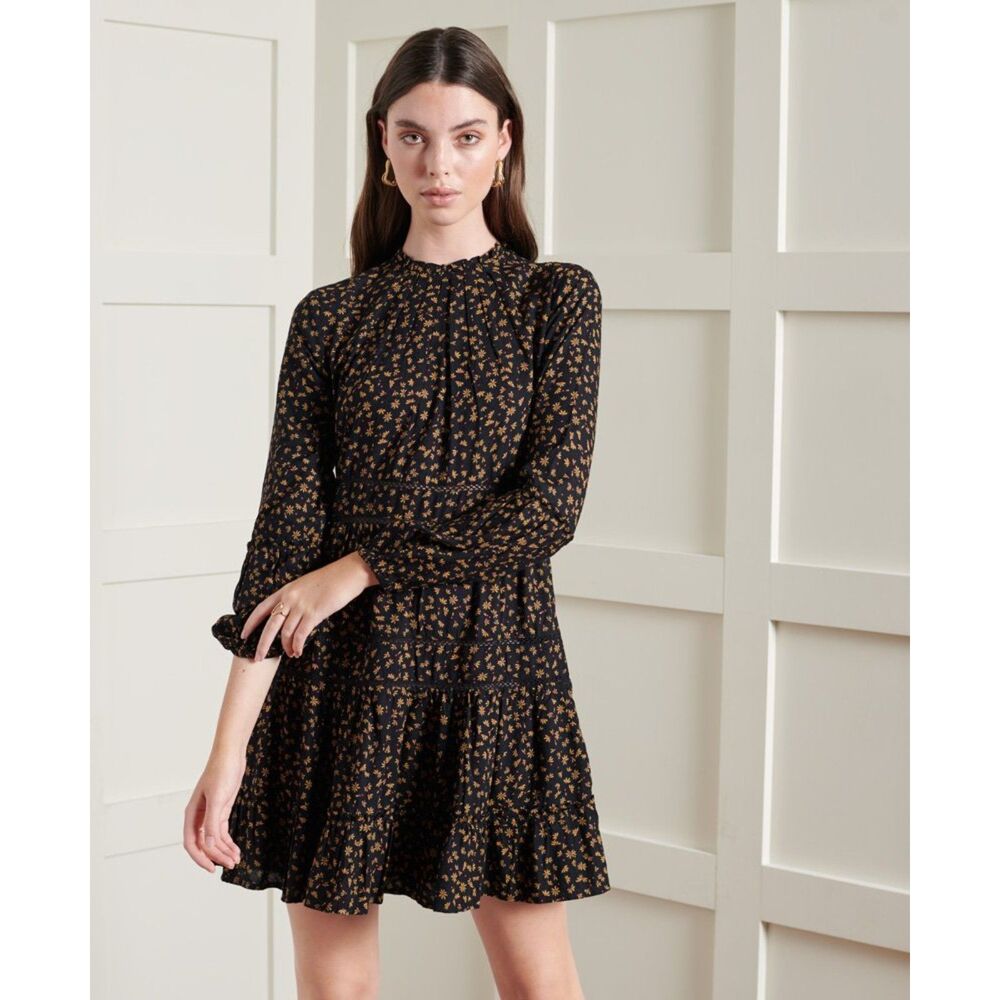 SUPERDRY Richelle Black Floral Lace Long Sleeve Pocketed Boho Mini Dress Size 6